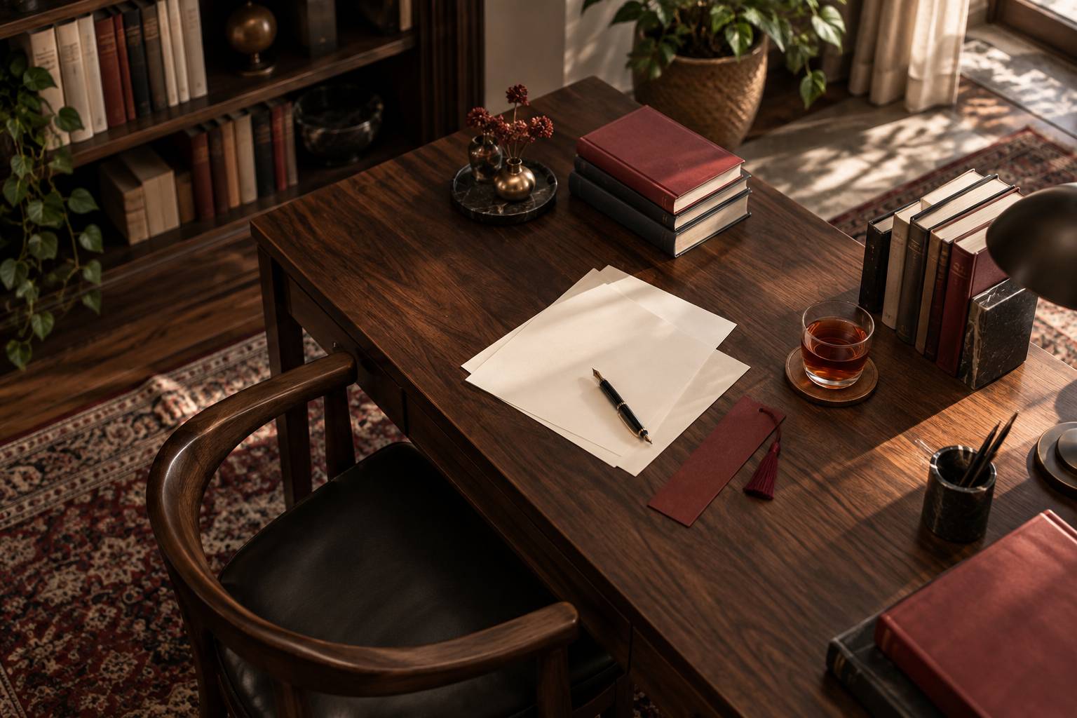 Feuillets vierges et stylo plume poses sur un bureau d'etude