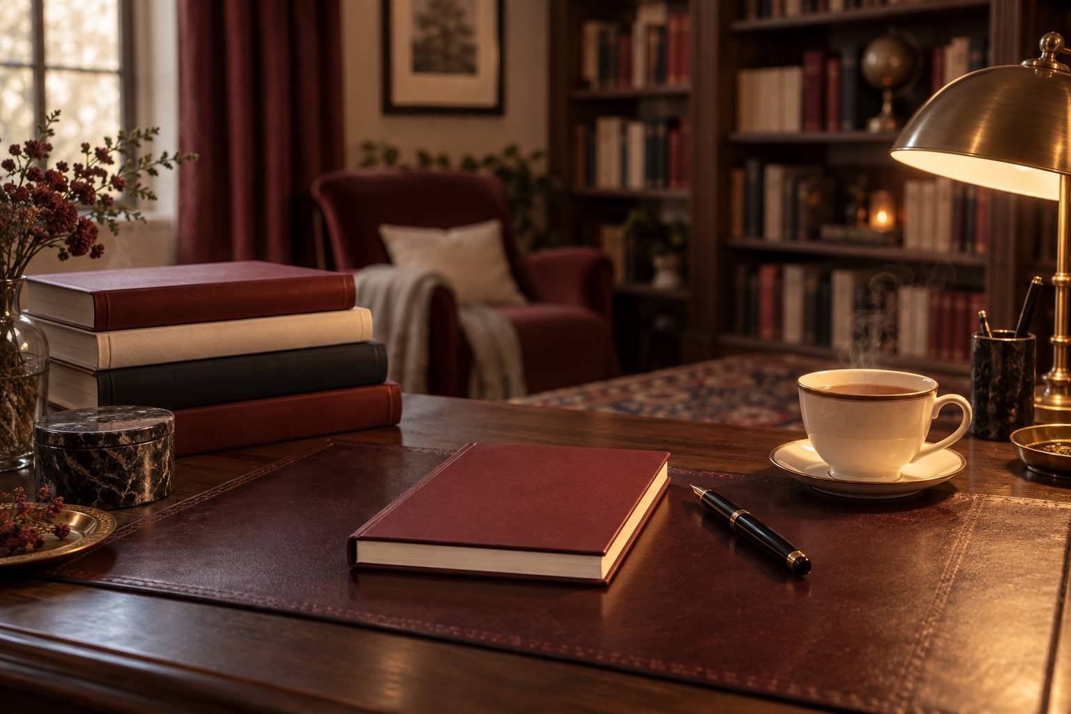 Bureau de lecteur avec carnet fermé, stylo plume et tasse de thé sous une lumière chaude