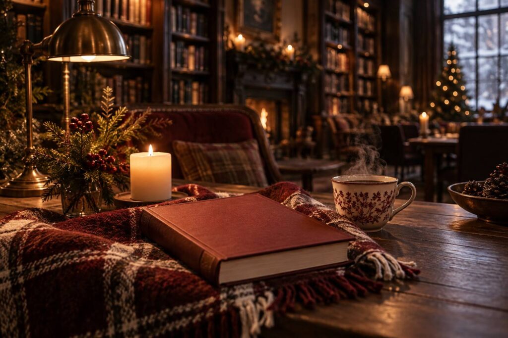 Livre ferme, bougie et tasse sur une table de lecture d'hiver