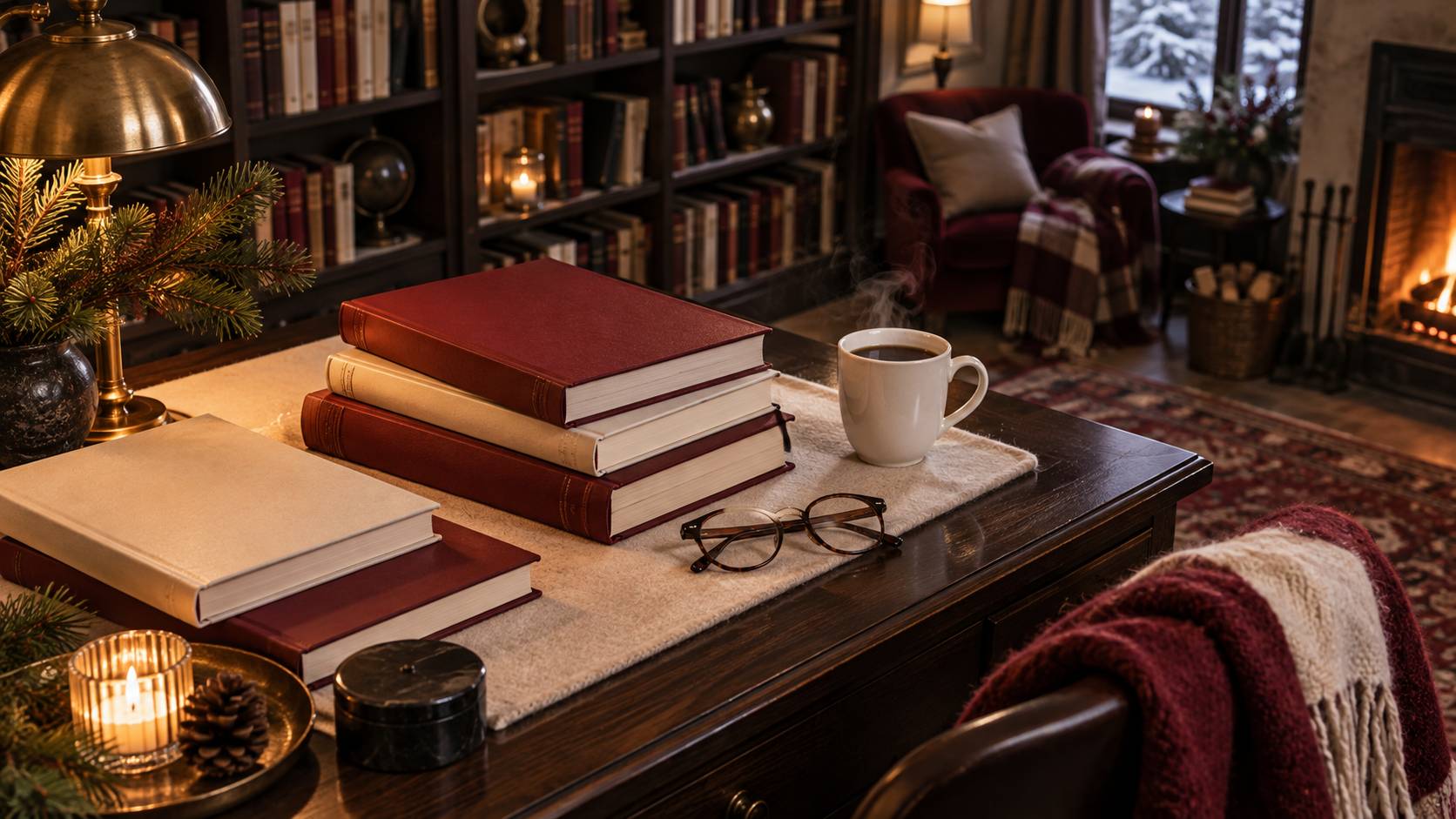Pile de livres fermes et tasse dans un interieur d'hiver