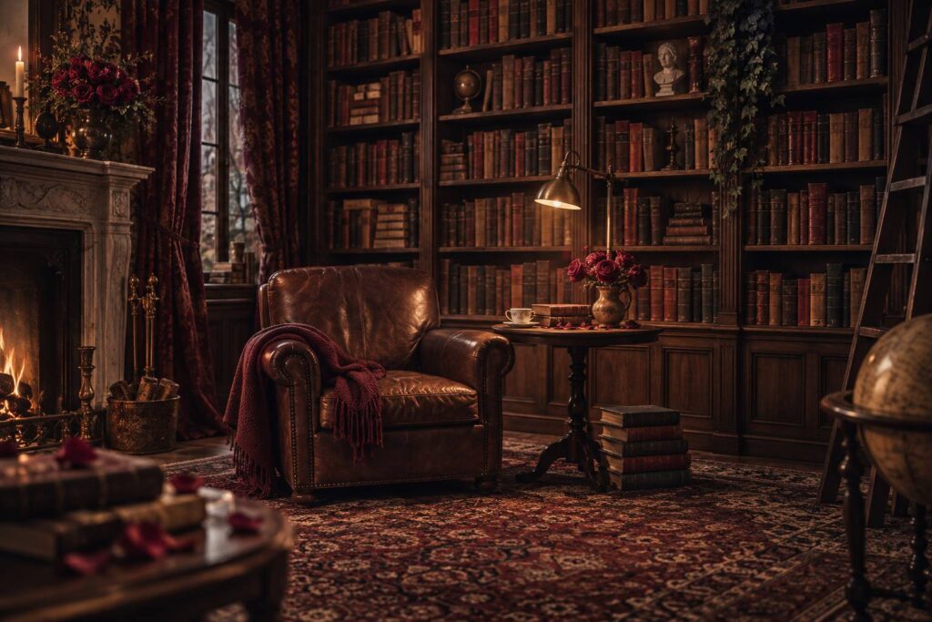 Bibliothèque chaleureuse avec livres anciens, fauteuil en cuir et pétales de rose