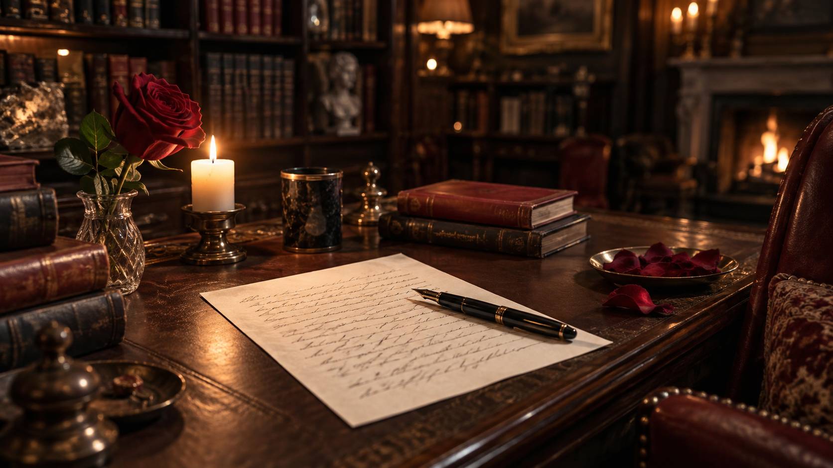 Bibliothèque chaleureuse avec livres anciens, fauteuil en cuir et pétales de rose