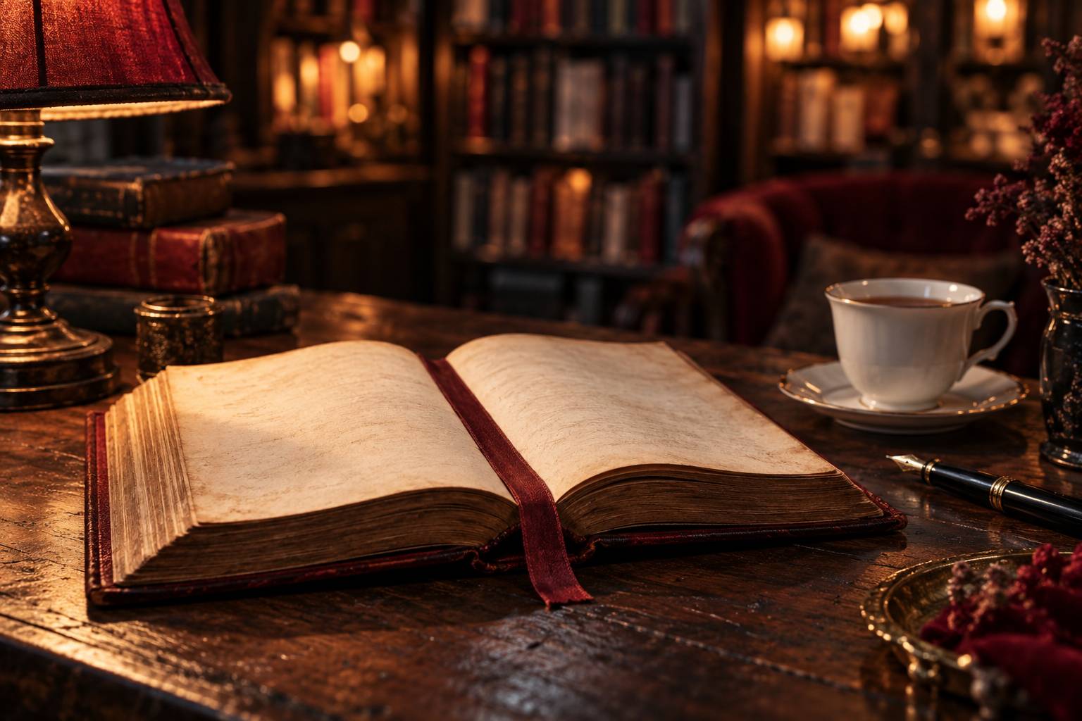 Livre ancien ouvert sur un bureau en bois avec stylo plume et tasse