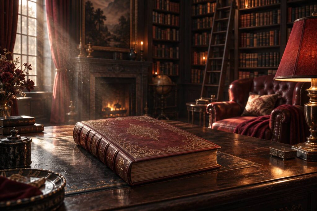 Grand livre ancien fermé dans une bibliothèque chaleureuse éclairée par une lampe de lecture