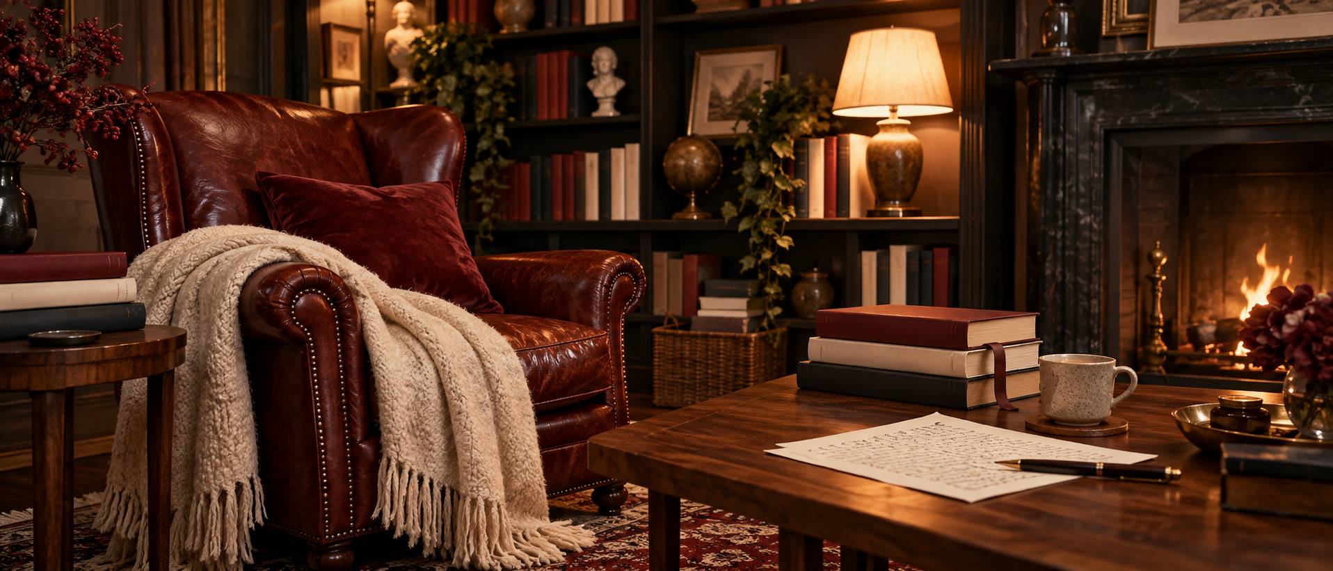 Bureau d'écrivain avec livre ouvert, stylo plume et lampe chaude dans une ambiance feutrée