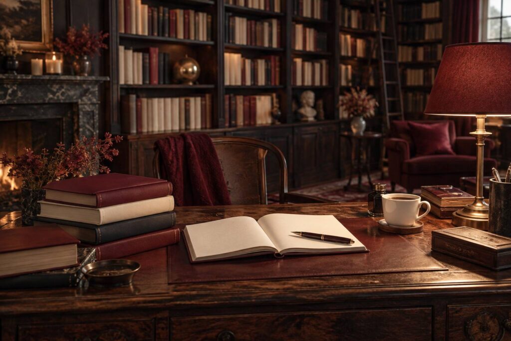Bureau d'écrivain avec livre ouvert, stylo plume et lampe chaude dans une ambiance feutrée