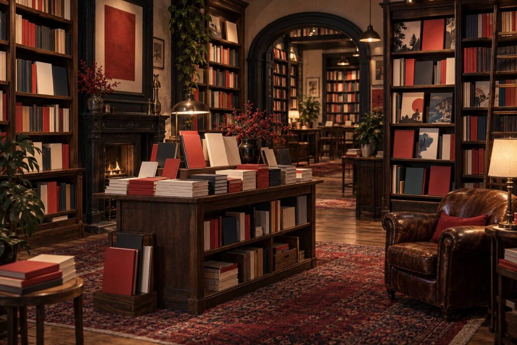 Librairie intime avec rayonnages de bandes dessinées et albums colorés