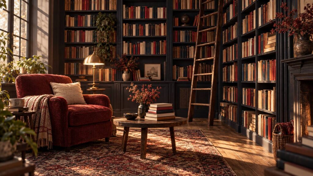 Librairie chaleureuse avec romans colorés, fauteuil de lecture et lampe