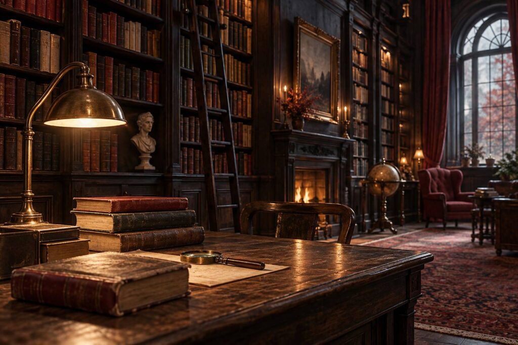 Livres anciens relies sur une table de bibliotheque avec une loupe