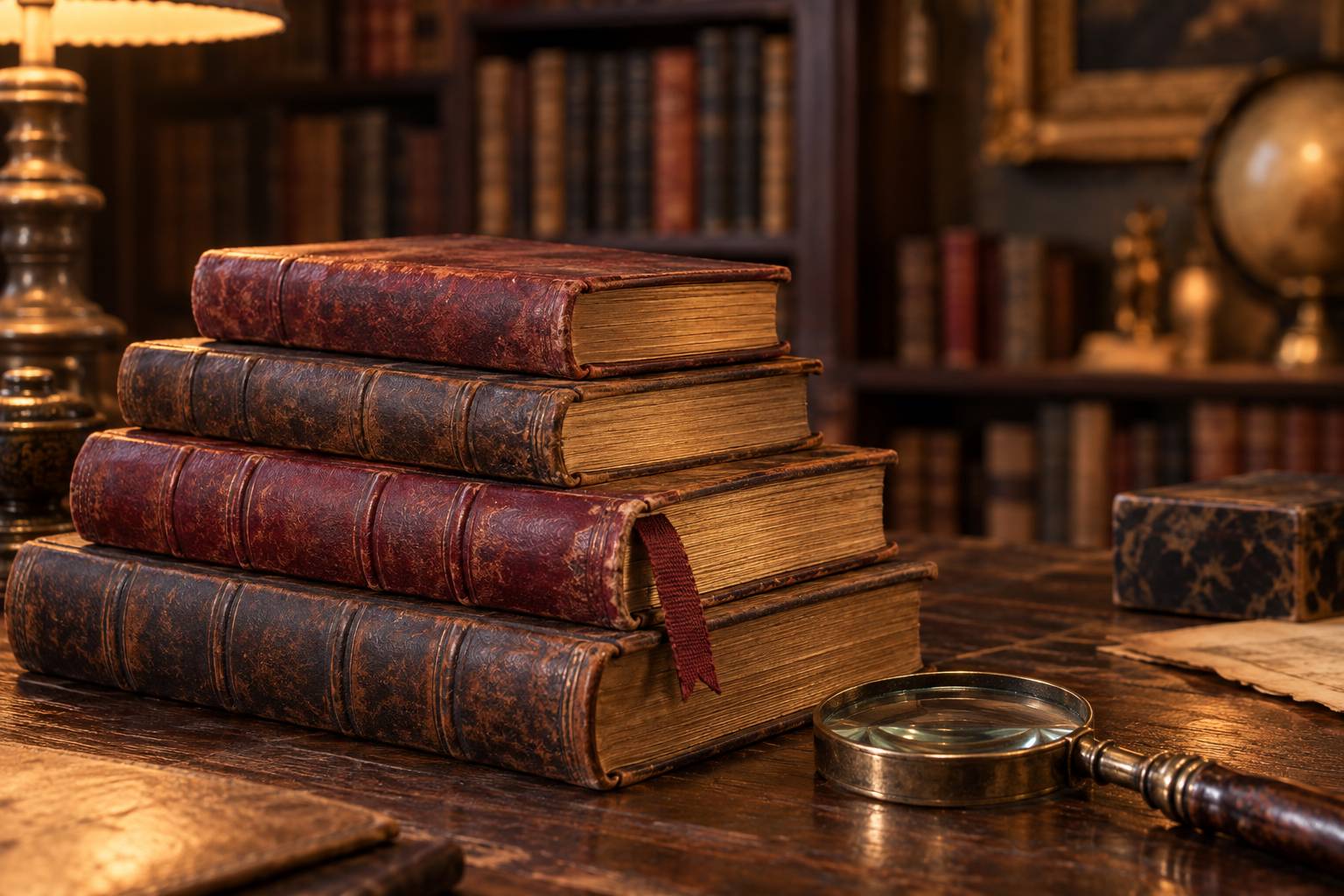 Vue rapprochee de livres anciens aux reliures patinees empiles sur une table