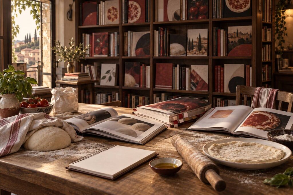 Illustration éditoriale du sujet : Libri di cucina sulla pizza: i titoli che insegnano davvero l'impasto