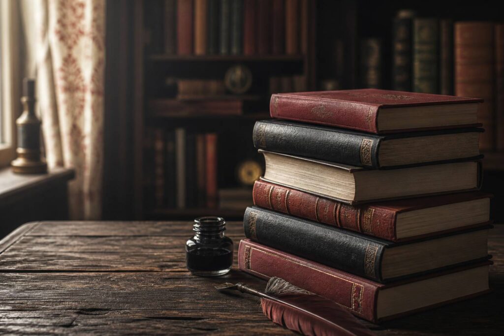Pile de livres fantasy à couverture rigide sur une table en bois