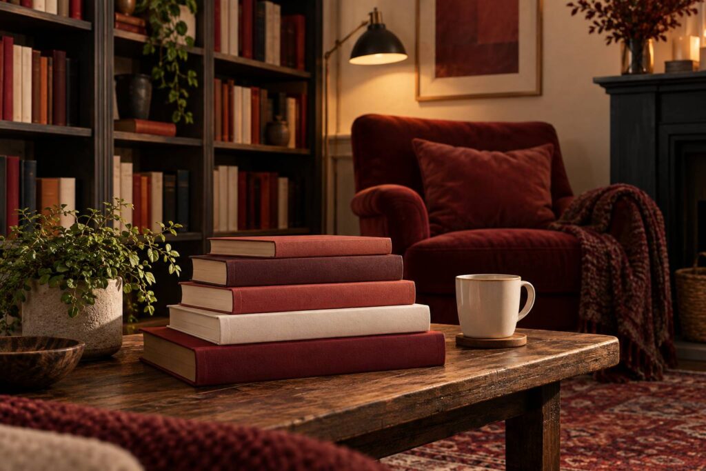 Pile de livres aux couvertures unies posee sur une table dans un coin lecture