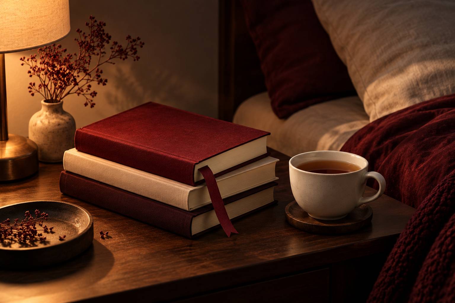 Livres fermes empiles sur une table de chevet avec un marque-page en tissu