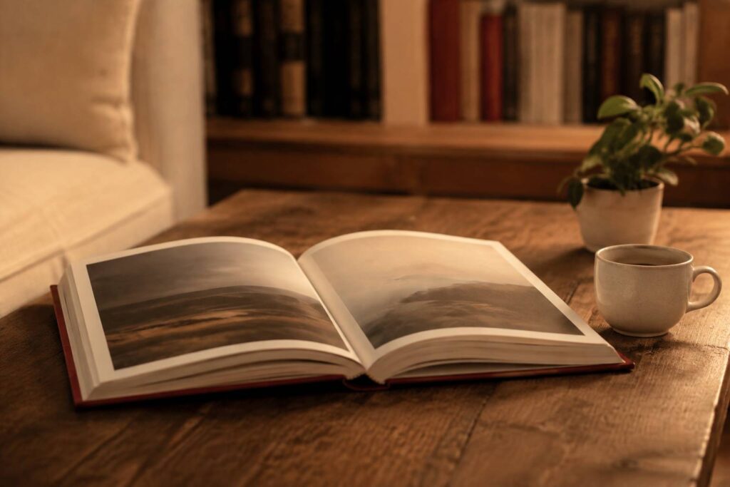 Grand livre illustré ouvert sur une table basse dans un salon chaleureux