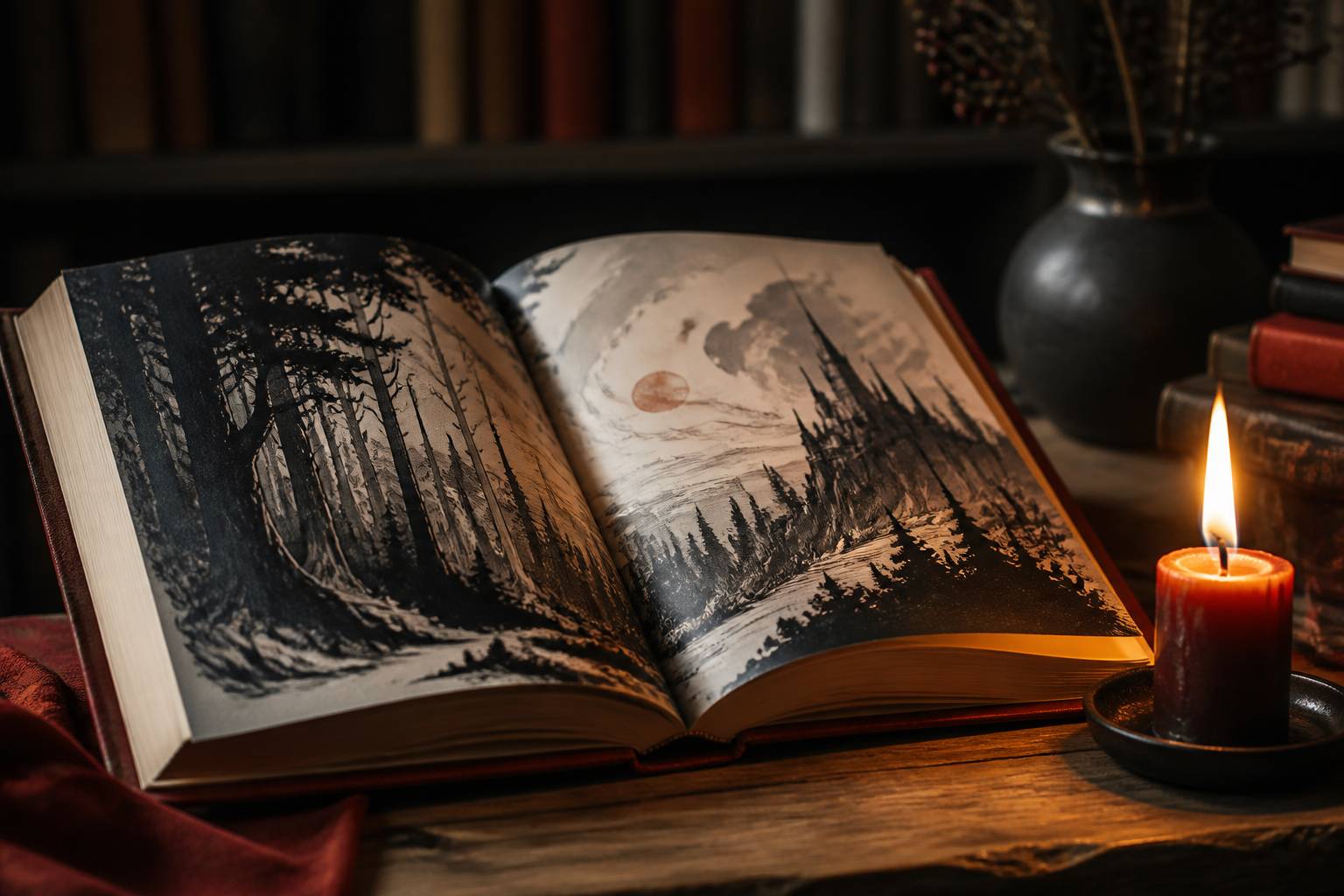 Livre ouvert avec illustration de paysage fantastique et bougie