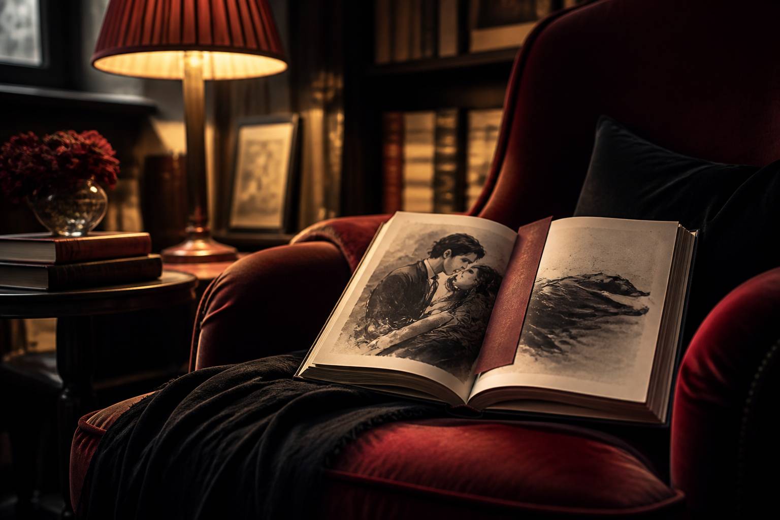 Livre de romance ouvert posé sur un fauteuil avec un marque-page