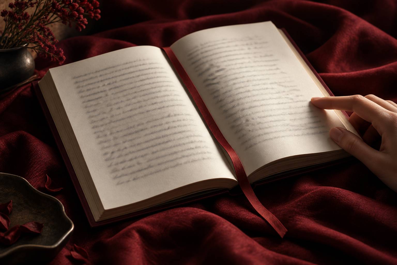 Livre ouvert au texte flou avec un marque-page en ruban de soie rouge