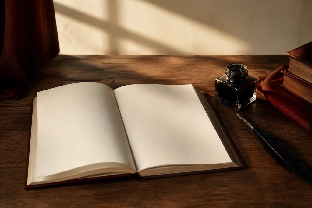 Livre ouvert aux pages blanches avec plume et encrier sur un bureau en bois chaud