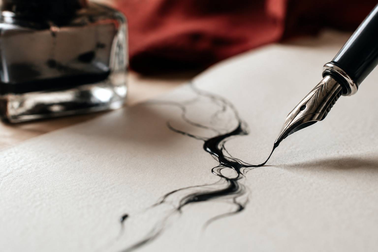 Plume écrivant un trait d'encre abstrait sur une page blanche, gros plan éditorial