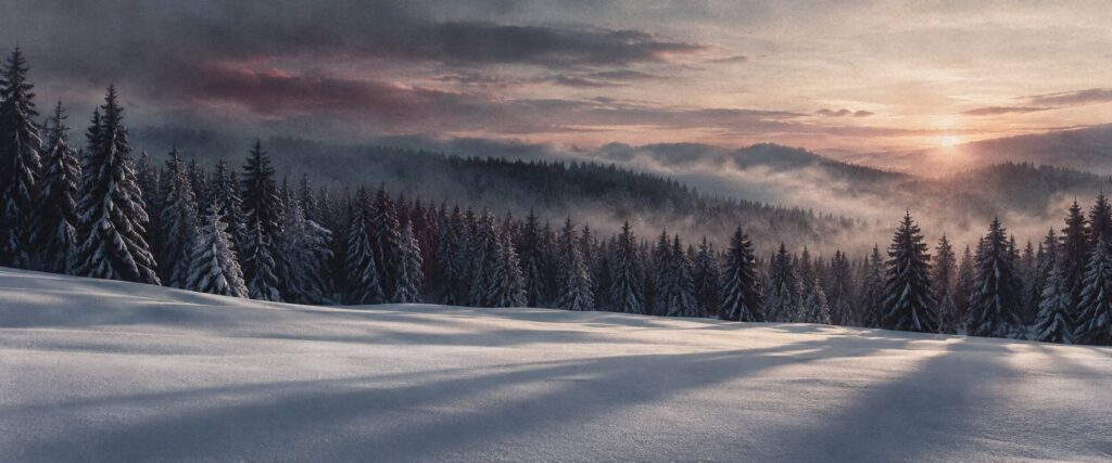 Paysage de neige tranquille avec forêt de conifères givrés