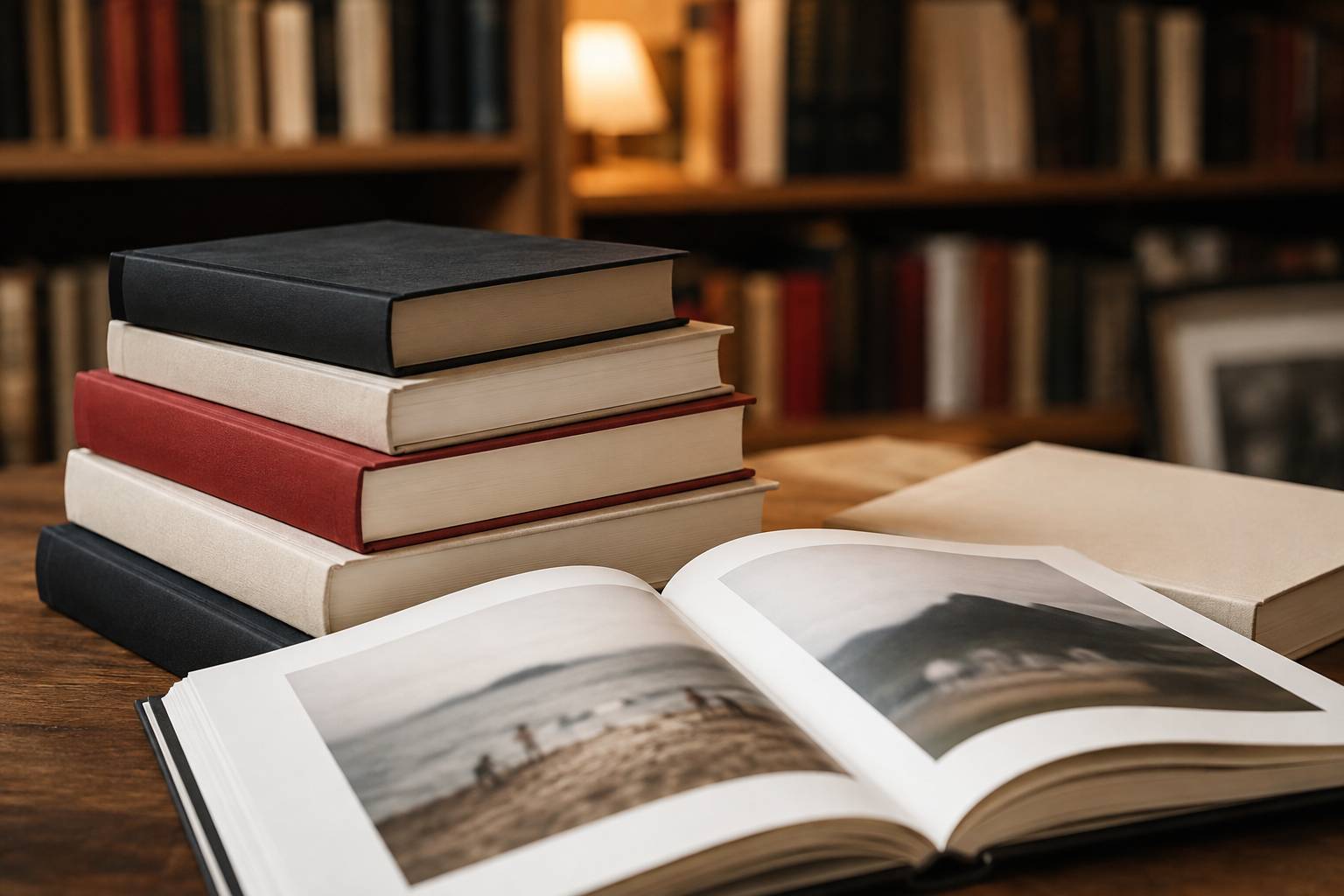 Pile de grands livres illustrés avec l'un ouvert sur des photos de voyage