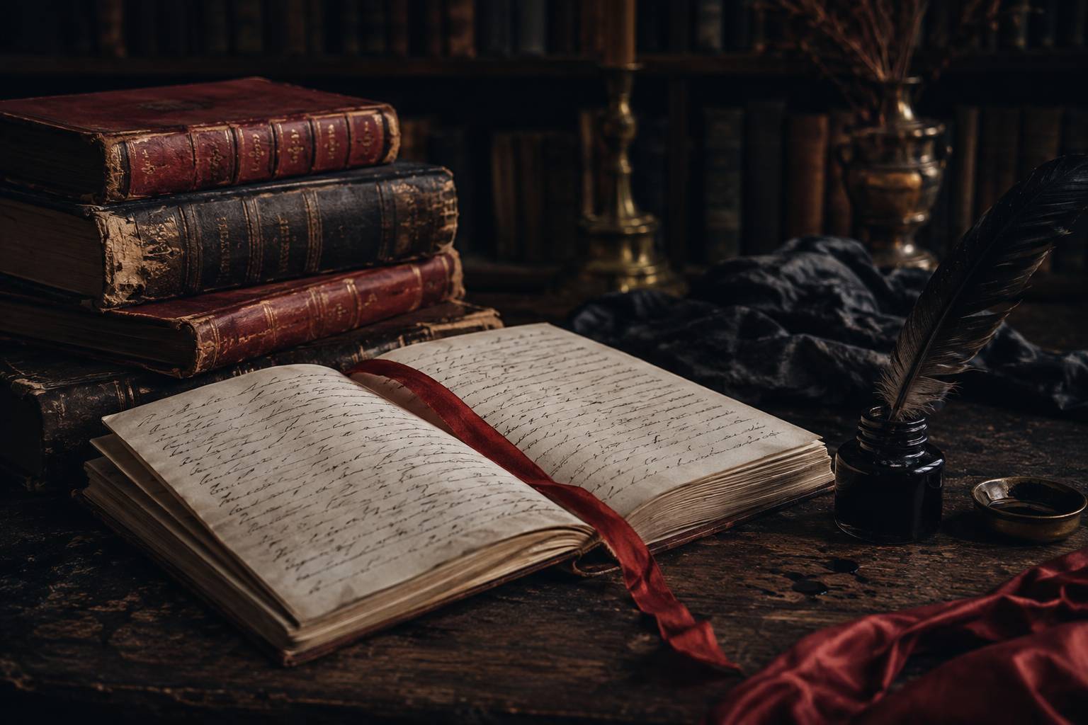 Livres anciens et manuscrit ouvert à la plume sur une table