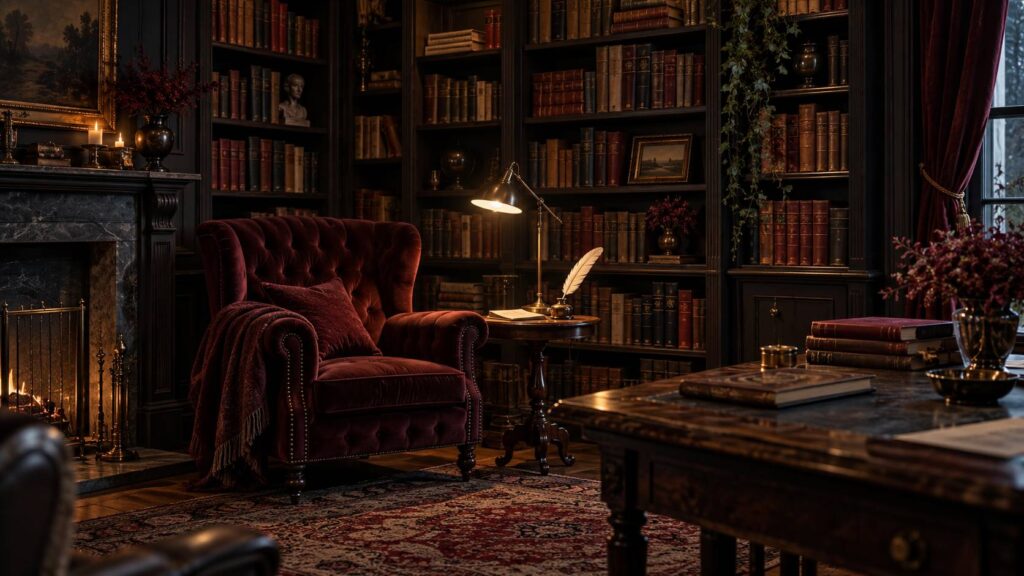 Bibliotheque en bois sombre avec vieux livres et fauteuil capitonne