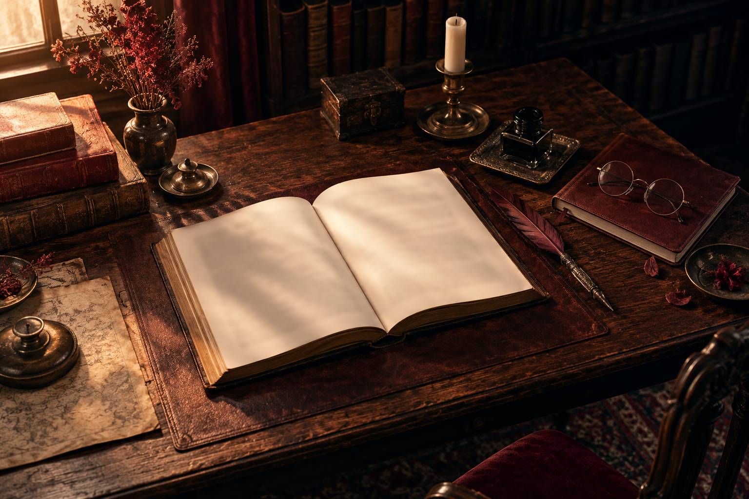 Bureau d'etude ancien avec plume, encrier et lunettes rondes