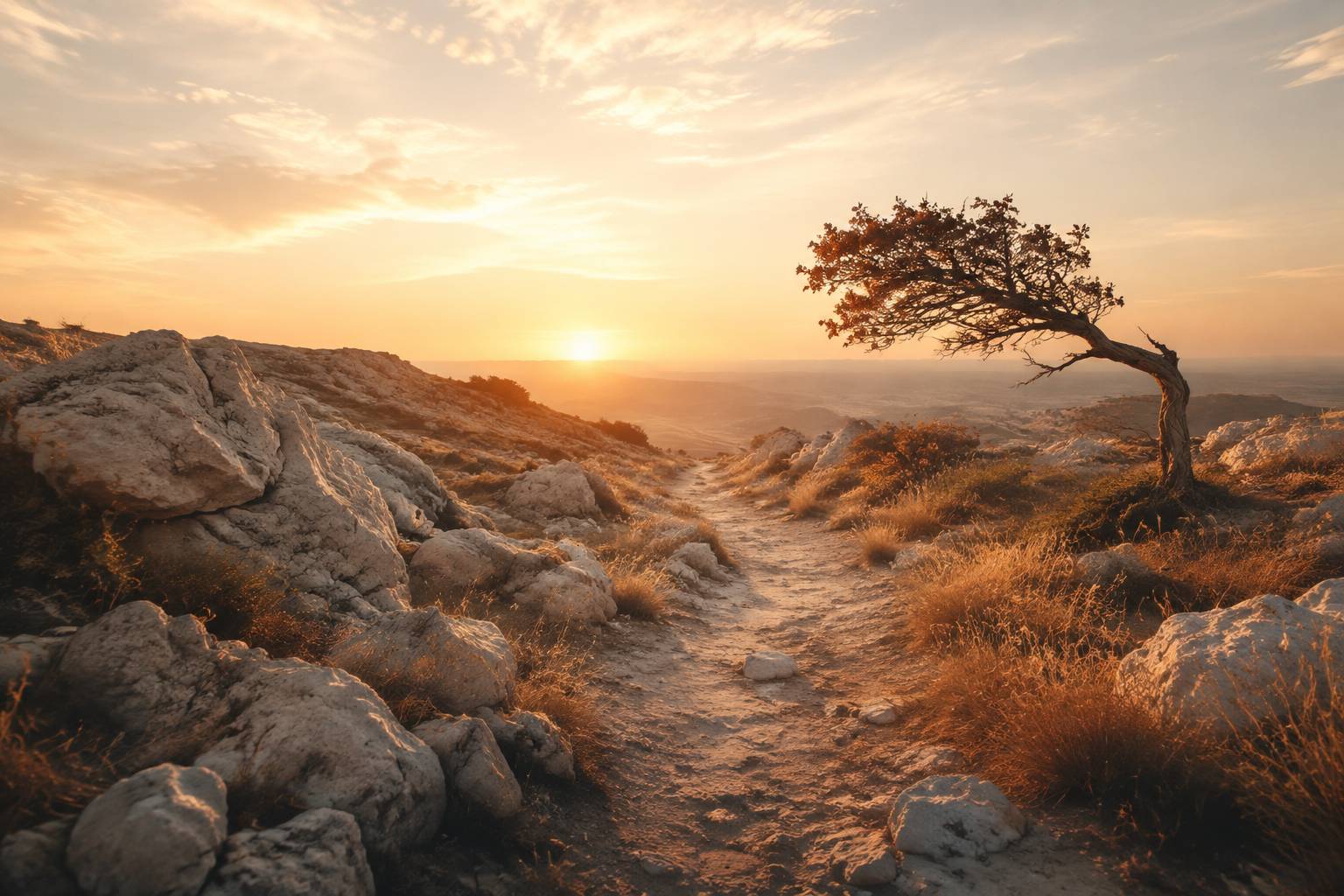 Sentier de terre entre des rochers avec un arbre courbé vers une lumière chaude