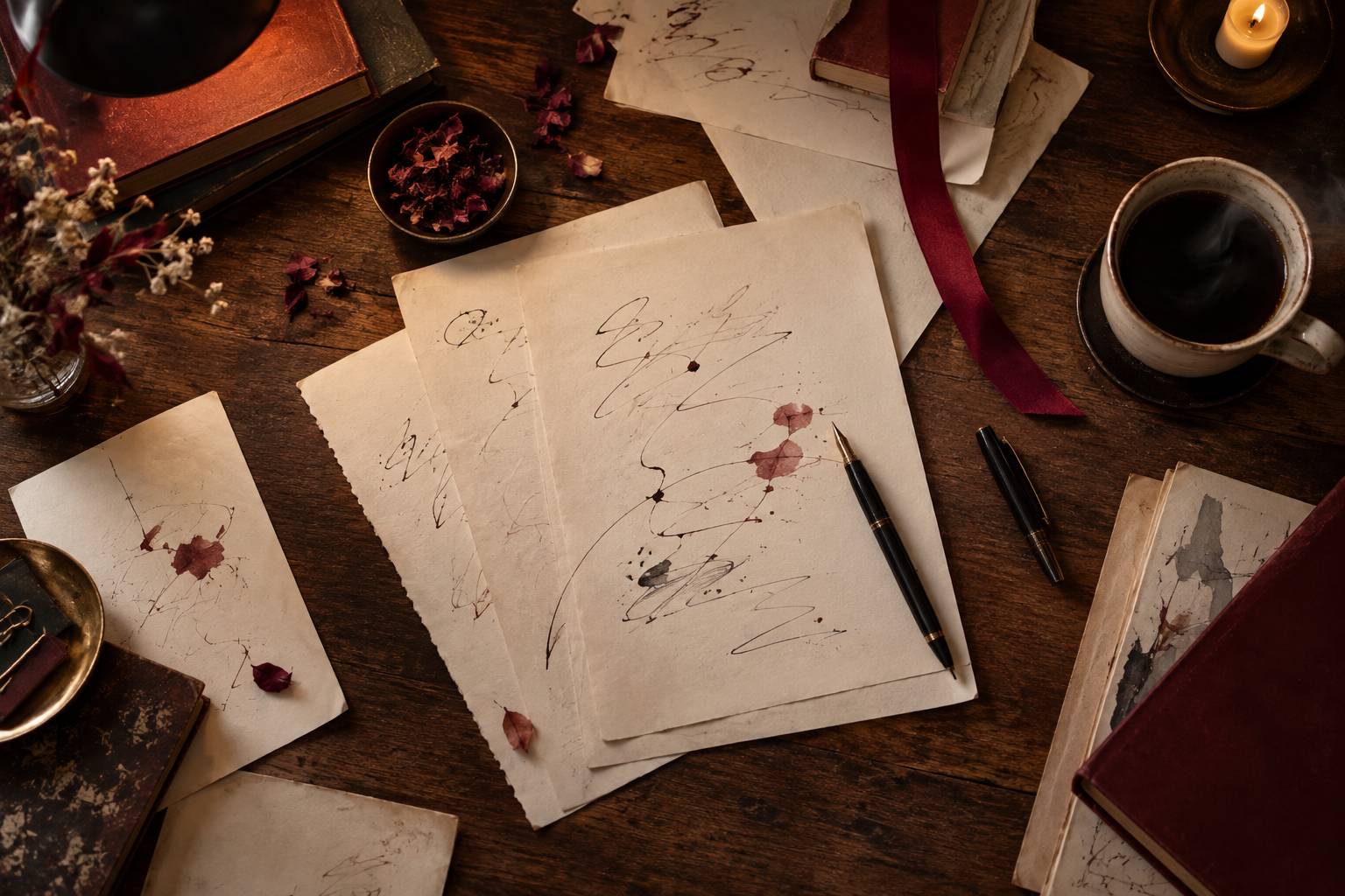Feuilles de papier annotees et stylo poses sur une table de travail editoriale