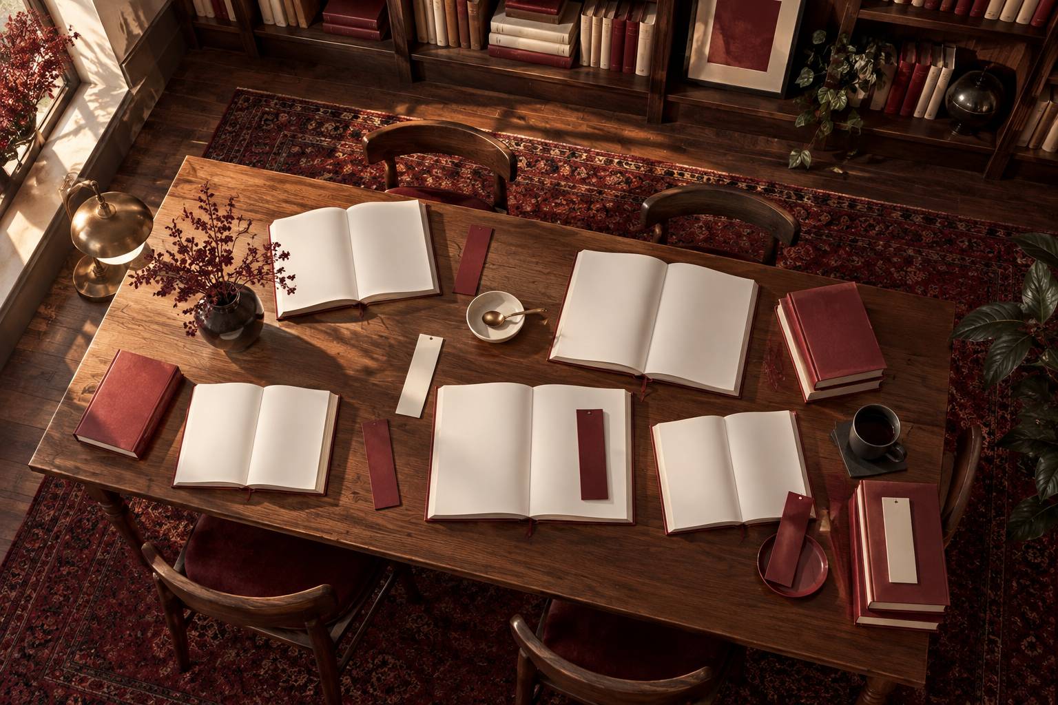 Livres ouverts aux pages blanches sur une table en lumiere chaude