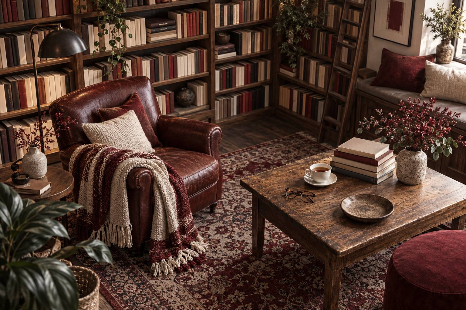Pile de livres, tasse de thé et lunettes sur une table en bois