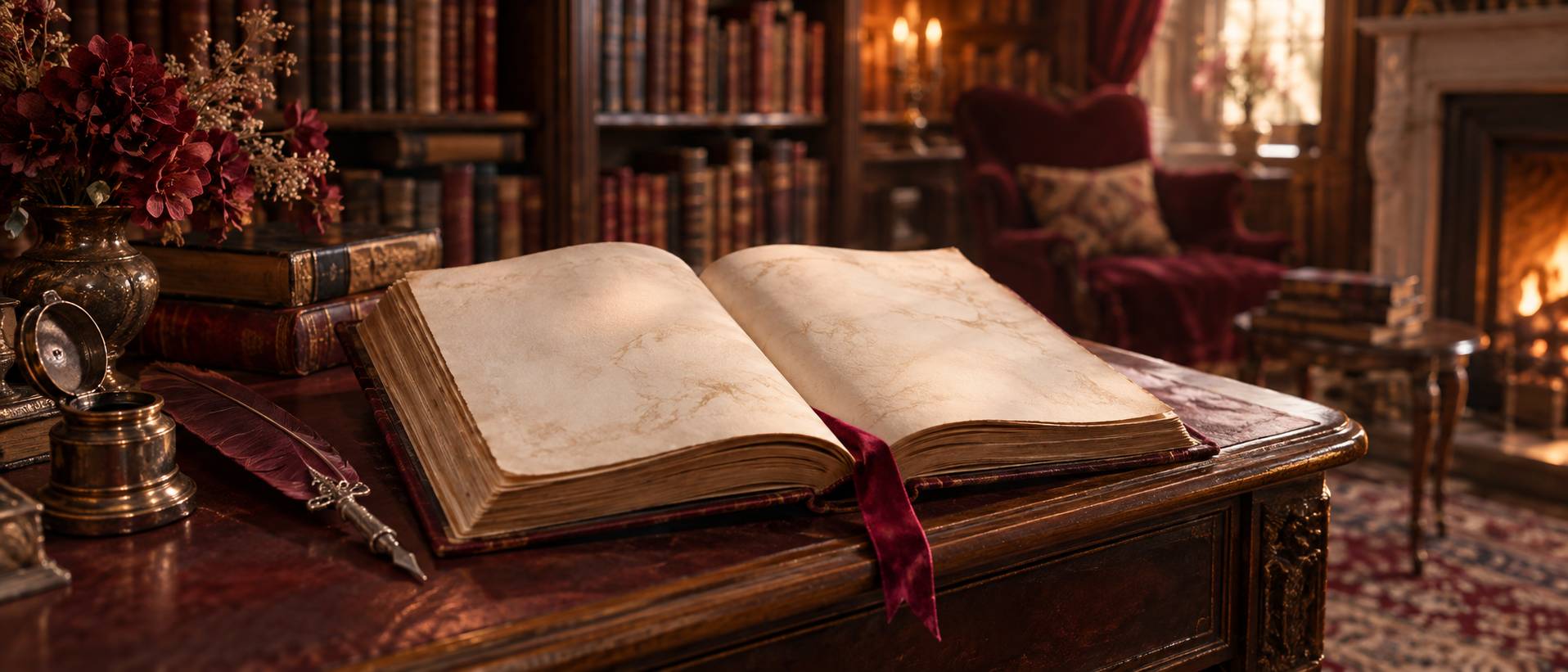 Pages patinees d'un livre ancien avec une plume et un marque-page