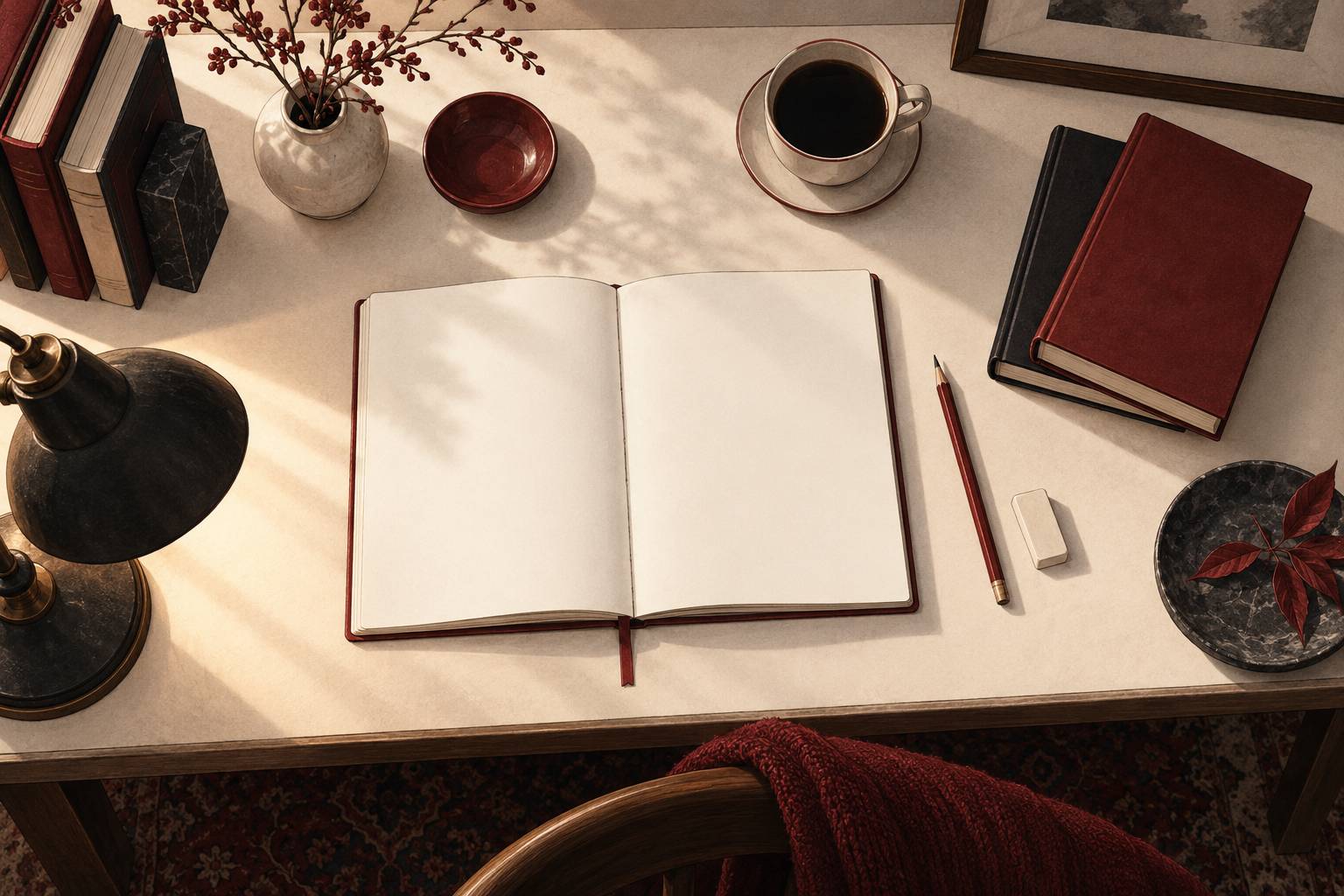Cahier ouvert, crayon et livres neutres sur un bureau d'etude